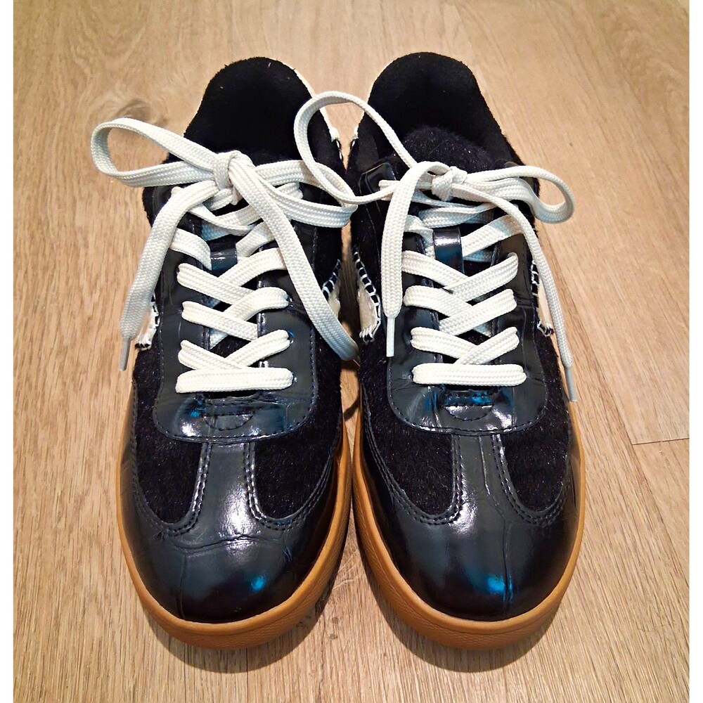 DV Dolce Vita Notice Black Faux Fur Patent Gum Sole Sneakers Whipstitch